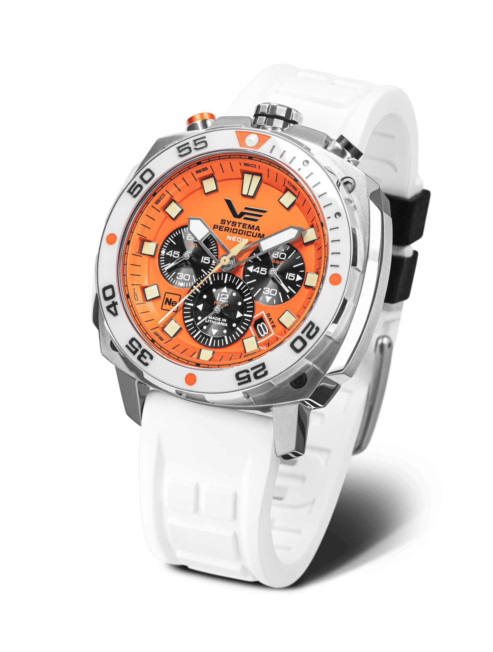 Vostok Europe herrklocka: orange urtavla, vitt silikonarmband, upp till 20 ATM