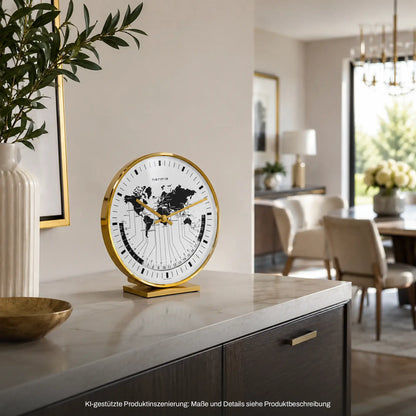 Tischuhr mit Weltkarte auf weißem Zifferblatt, Messinggehäuse, goldene Zeiger