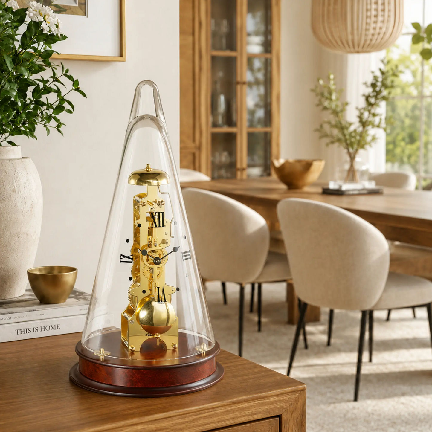 Reloj de mesa sobre base de madera: campana de cristal transparente, mecanismo dorado, números romanos