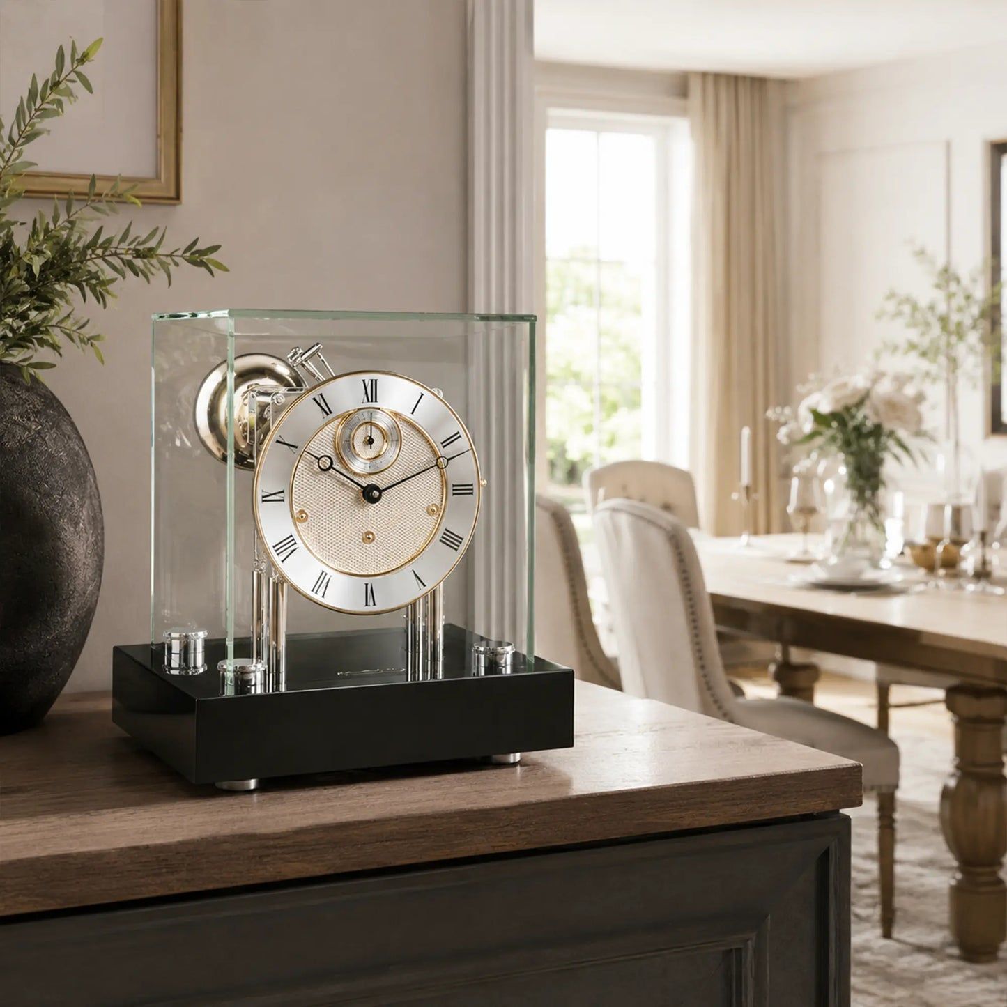 Reloj de mesa en caja de cristal con base negra y esfera redonda con números romanos