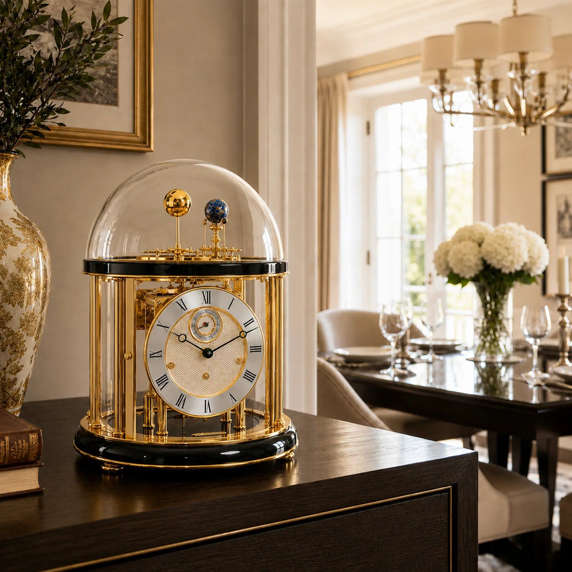 Reloj de mesa con cúpula de cristal sobre aparador, caja dorada, esfera blanca con números romanos