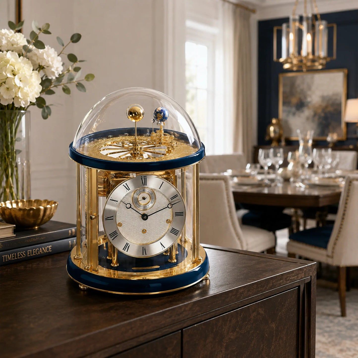 Reloj de mesa mecánico con campana de cristal, marco dorado y esfera con números romanos