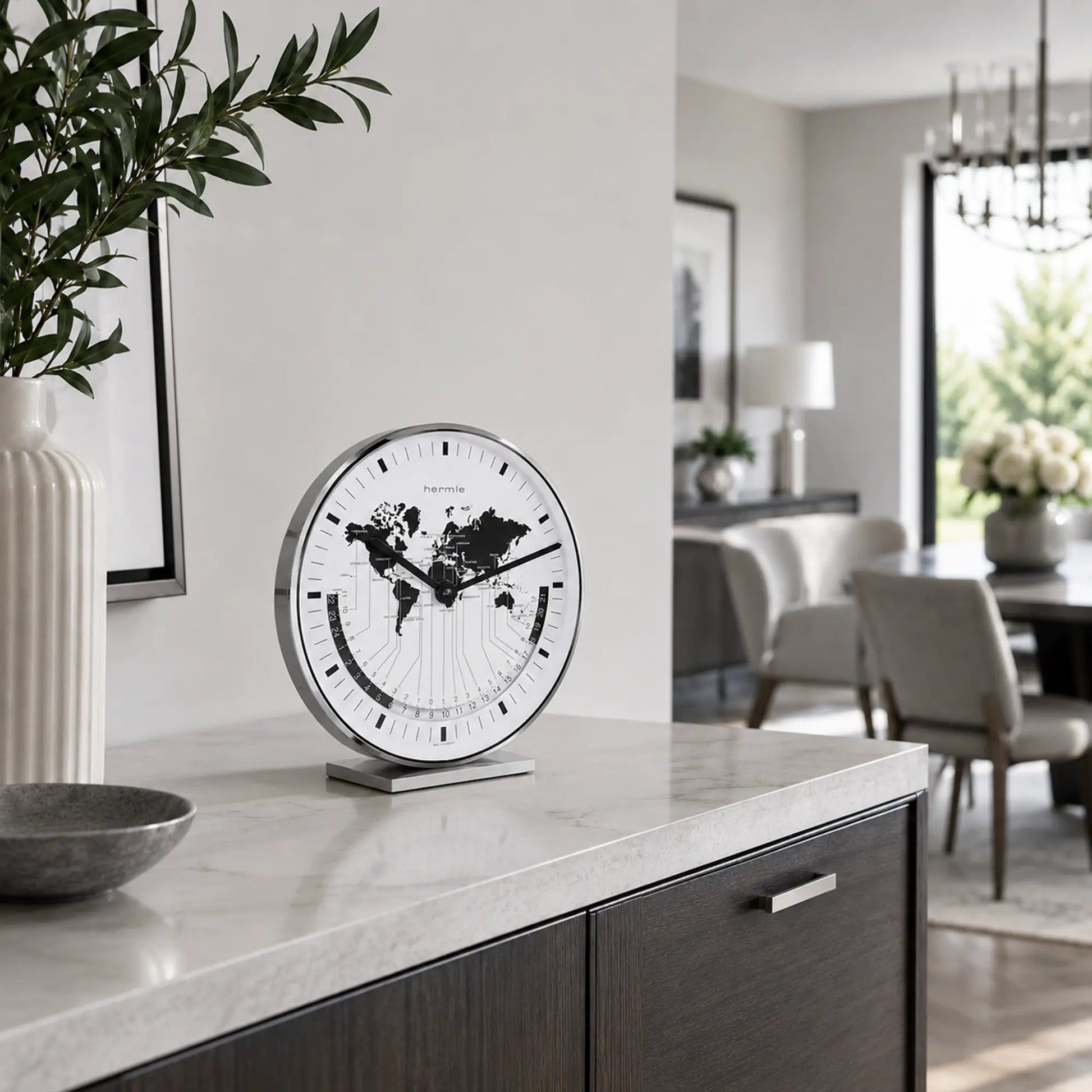 Reloj de mesa de metal con pantalla de hora mundial en esfera blanca, manecillas negras