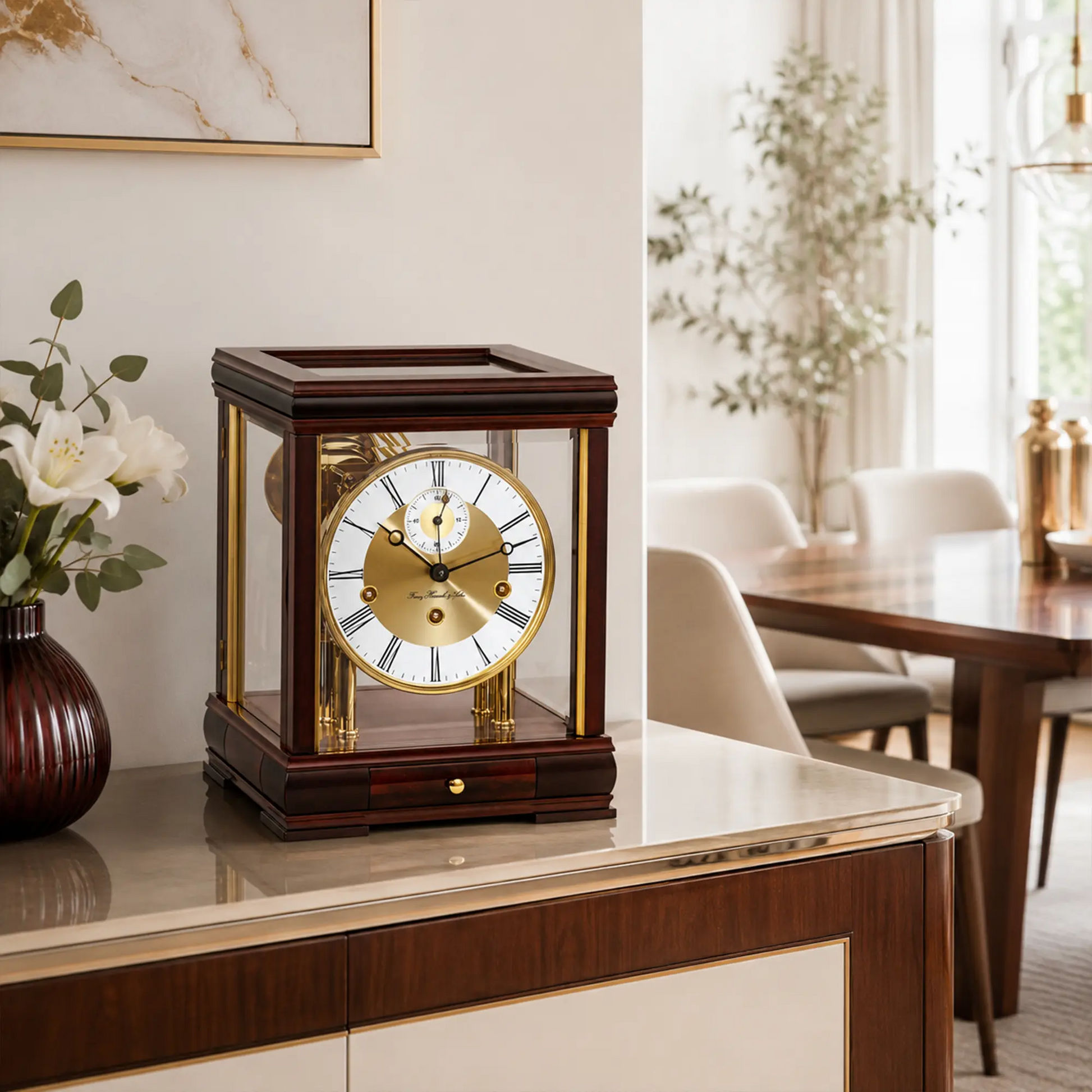 Reloj de mesa de caoba con frente de cristal, esfera dorada e índices romanos