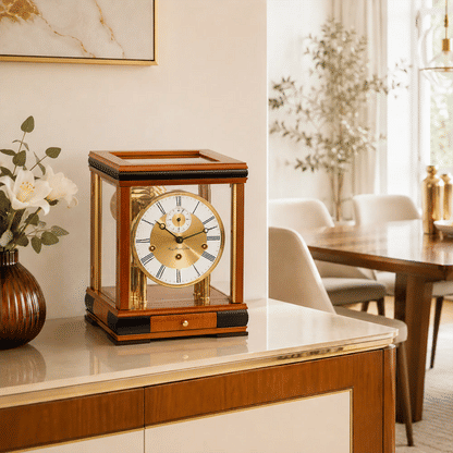 Reloj de mesa con caja de cerezo y marco de cristal transparente; mecanismo de reloj visible
