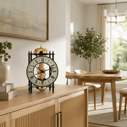 Reloj de mesa mecánico sobre aparador, esfera redonda con movimiento visible en tono dorado