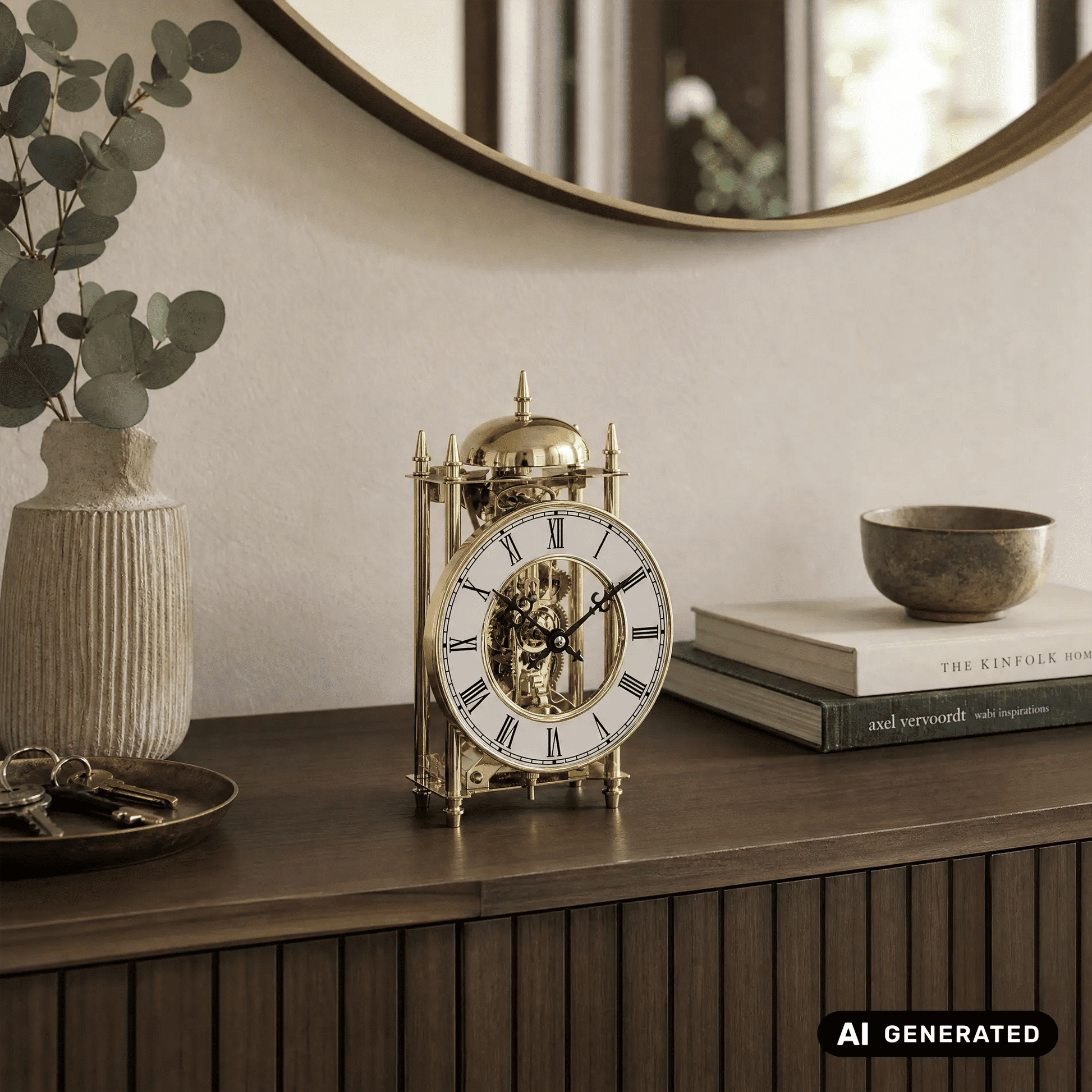 Goldene Tischuhr mit offenliegendem Uhrwerk, römischen Ziffern und goldenen Streben
