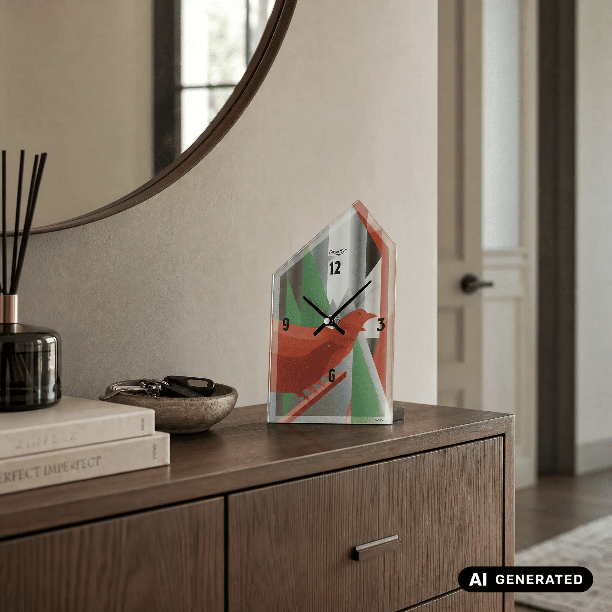 Tischuhr mit Vogel-Design auf Holzkommode, roter Rahmen und schwarze Zeiger.