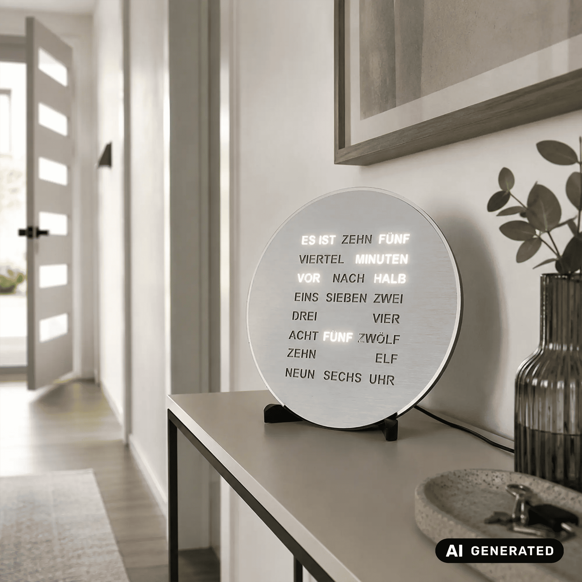 Runde LED-Wortanzeige-Uhr in Alu-Optik, Leuchttext, mit Standfuß auf Ablage