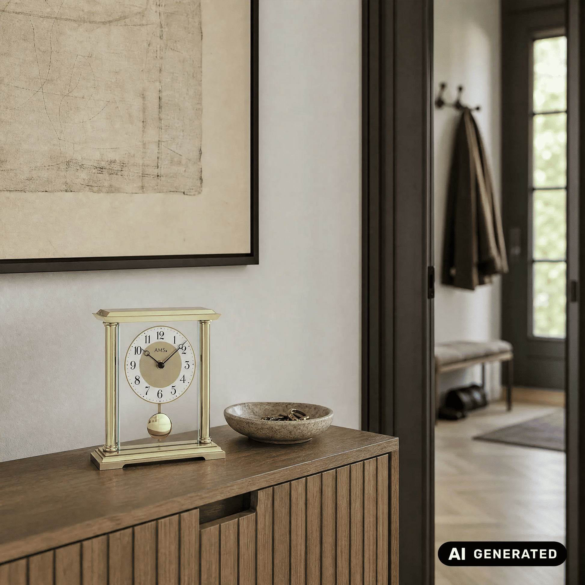 Goldene Tischuhr auf Sideboard, rundes Ziffernblatt mit Pendel im Glas