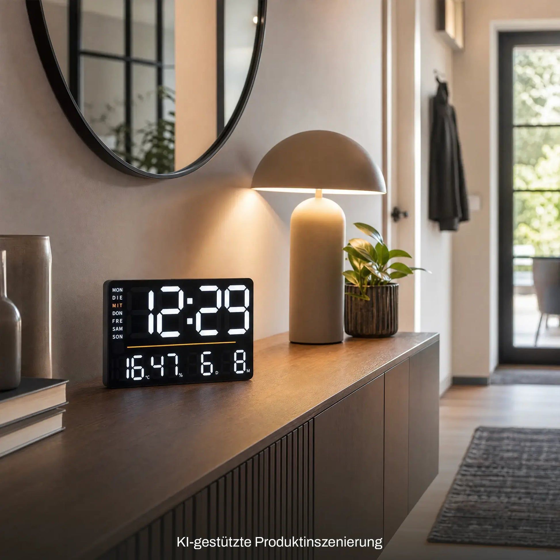 Digitale Tisch- und Wanduhr mit großem LED-Display und Thermometer, auf Konsole