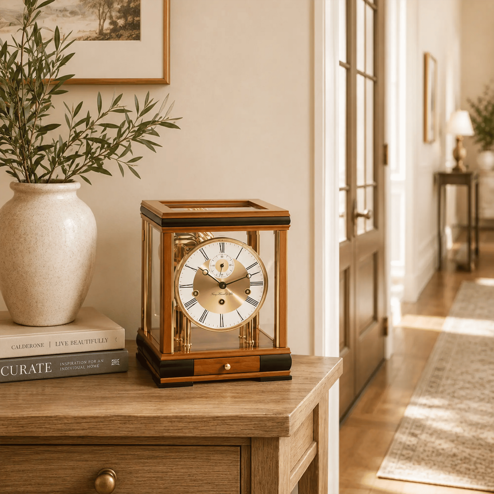 Reloj de mesa en aspecto de madera de cerezo con ventanas de cristal; mecanismo mecánico visible y números romanos