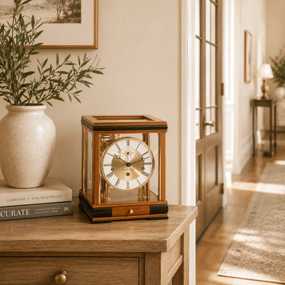Reloj de mesa en aspecto de madera de cerezo con ventanas de cristal; mecanismo mecánico visible y números romanos