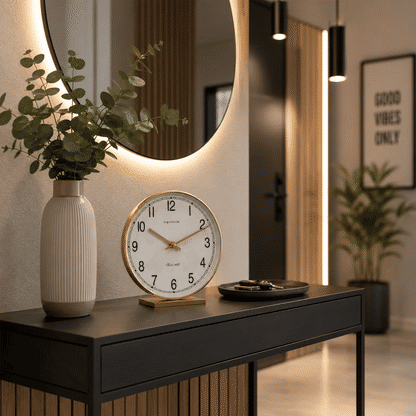 Reloj de mesa con esfera blanca y manecillas doradas, marco de latón sobre consola