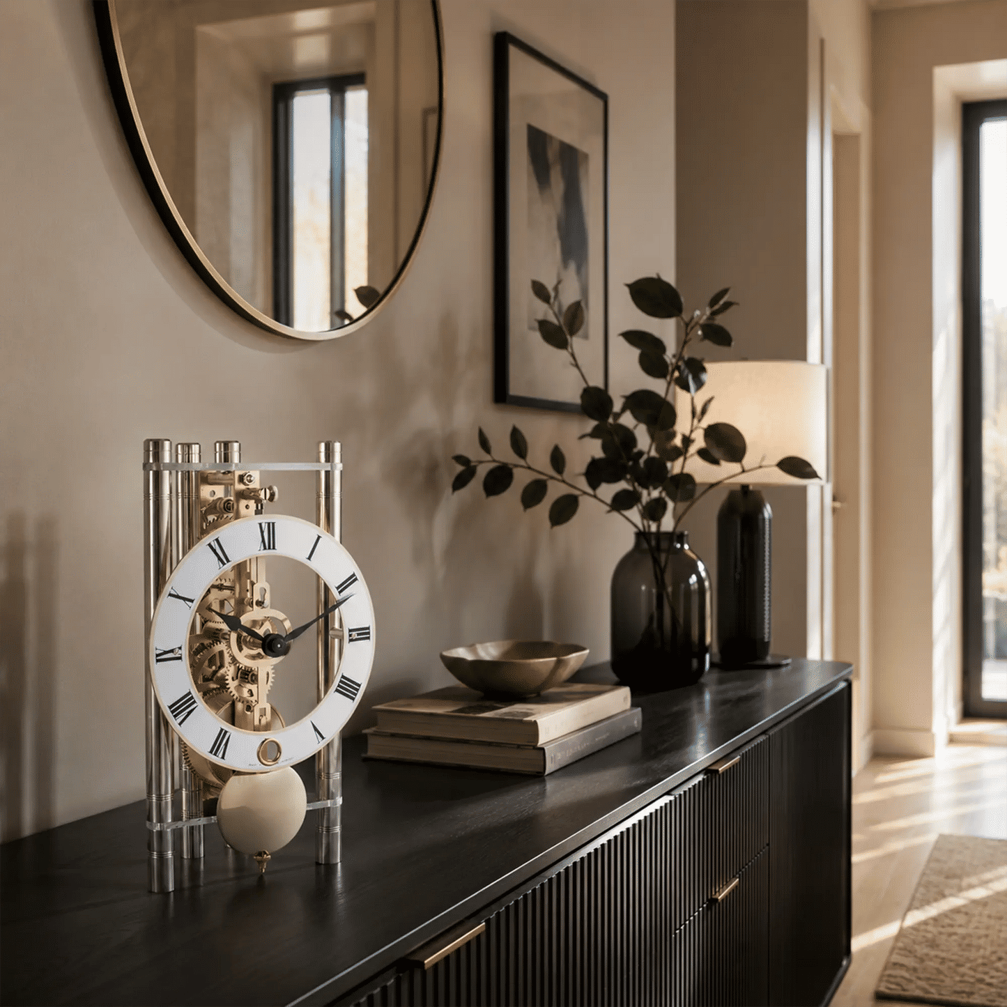Reloj de mesa mecánico con varillas transparentes, mecanismo dorado, números romanos y bola de péndulo