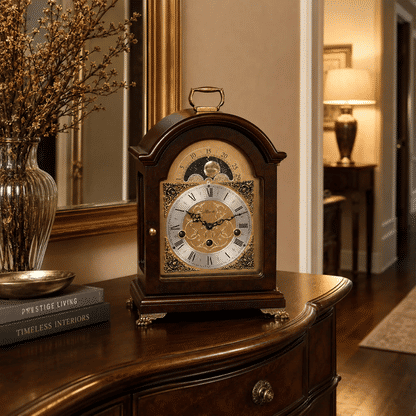 Reloj de mesa de madera con indicador de fases lunares y borde decorativo dorado sobre base de madera