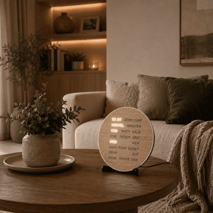 Runde LED-Wortanzeige Uhr mit Holzoptik auf Möbelplatte, schwarze Standfüße