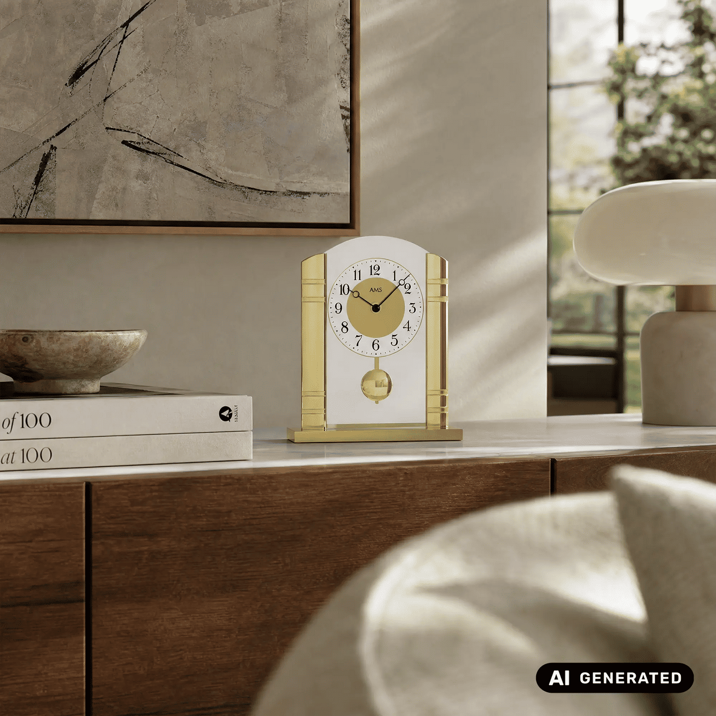 AMS Design T1117 Zegar stołowy • Z wahadłem • Złoty i szkło mineralne