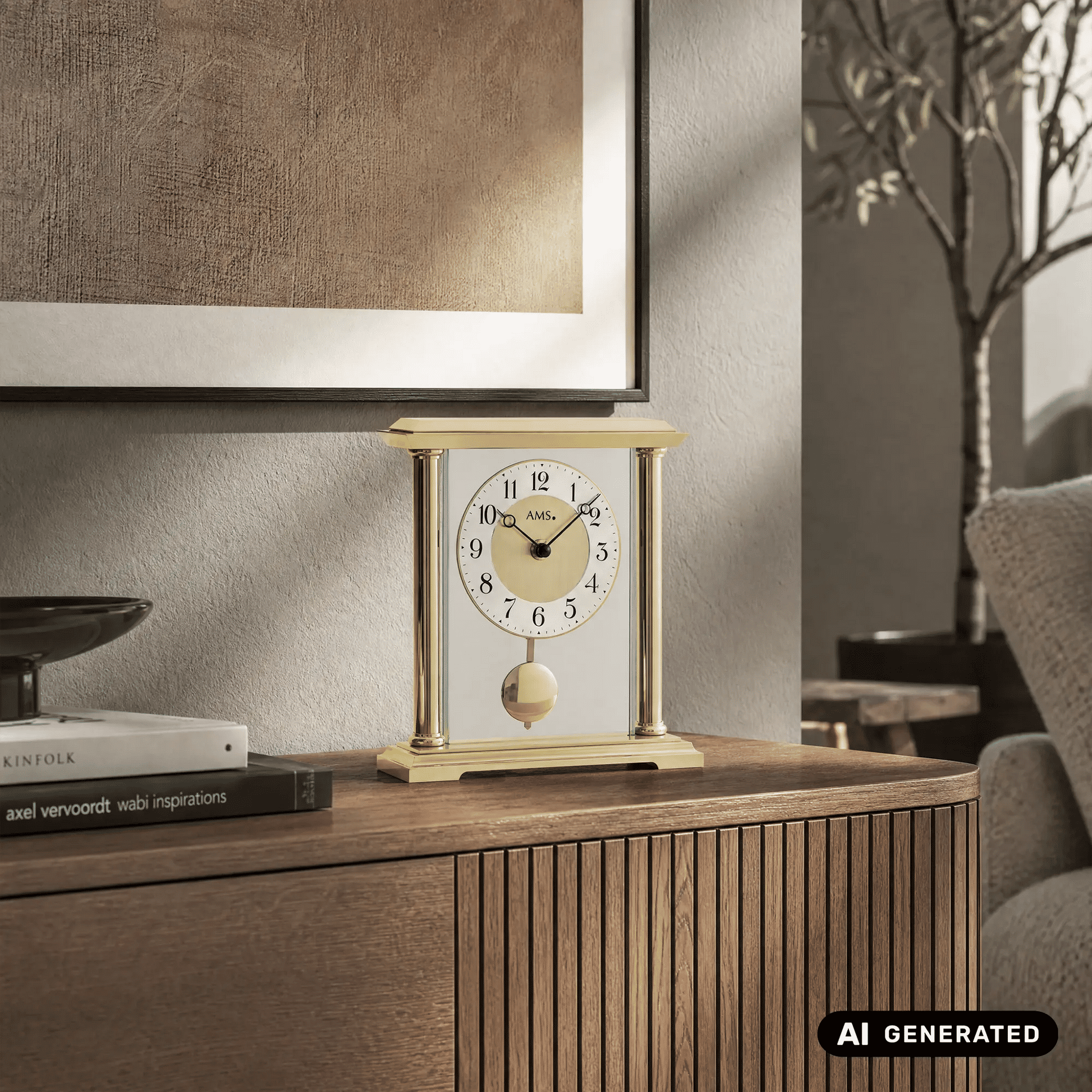 Goldene Tischuhr Detailansicht: Glasgehäuse und rundes Ziffernblatt mit Pendel