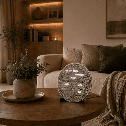 AMS LED-Wortuhr auf Tisch, rundes gesprenkeltes Zifferblatt mit LED-Text