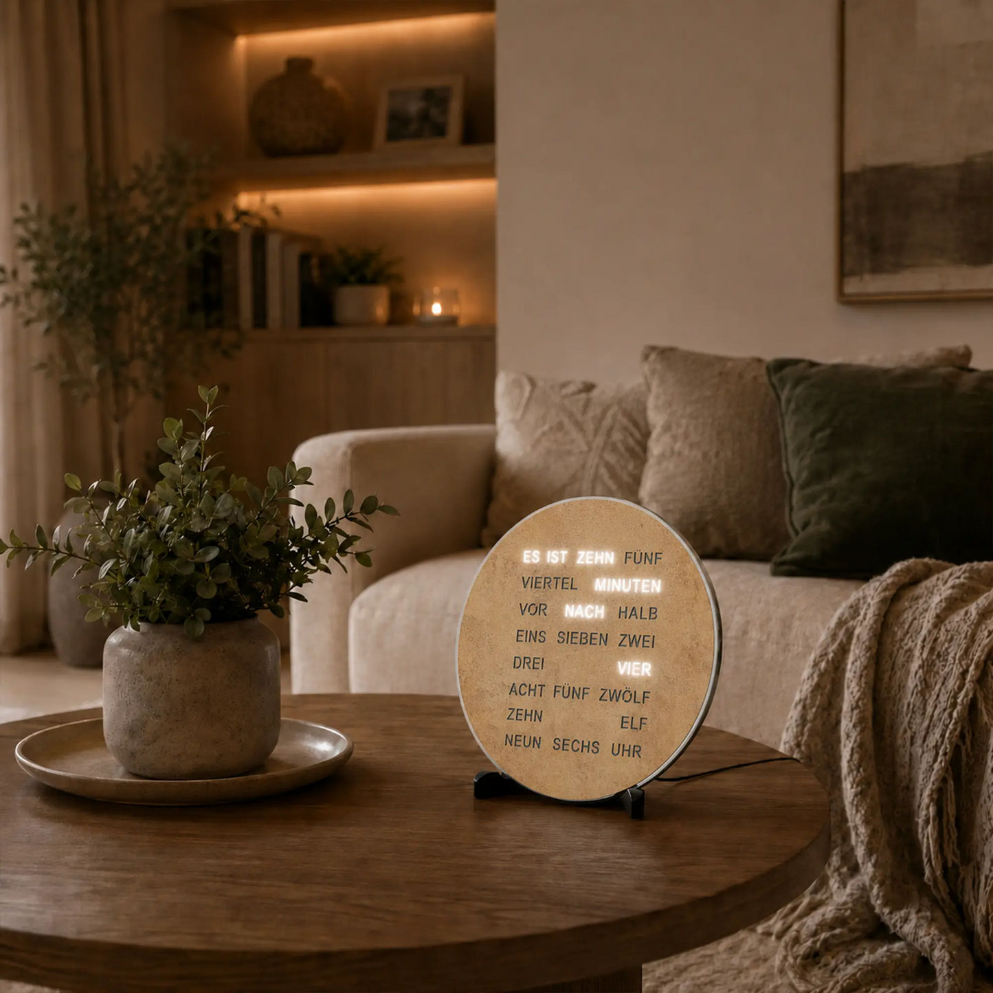 Runde AMS LED-Wortanzeige Uhr mit beigem Zifferblatt und beleuchteter Wortanzeige