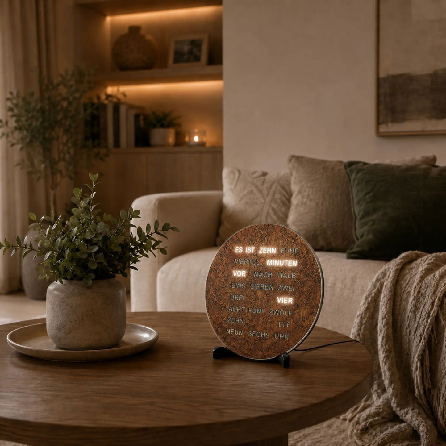 LED-Wortanzeige-Uhr mit rundem braunem Zifferblatt und leuchtenden Text-LEDs, auf Ständer