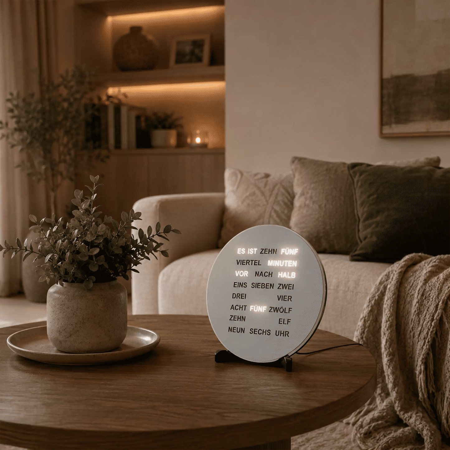 Runde LED-Wortanzeige-Uhr auf Holztisch mit Schriftanzeige auf Metallfront