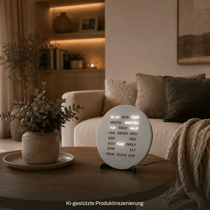 Runde LED-Wortanzeige-Uhr auf Tischständer, silbernes Alu-Optik-Display mit Zeittext