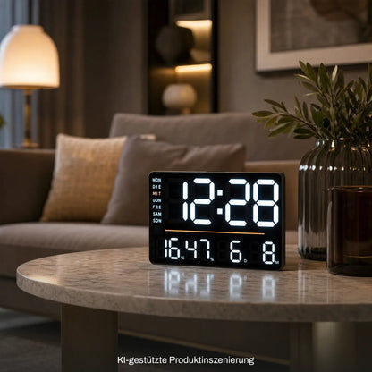 Digitale Tisch- und Wanduhr mit LED-Anzeige und Thermometer, auf Beistelltisch