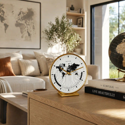 Reloj de mesa sobre peana, caja de latón y esfera blanca con mapa del mundo, agujas doradas
