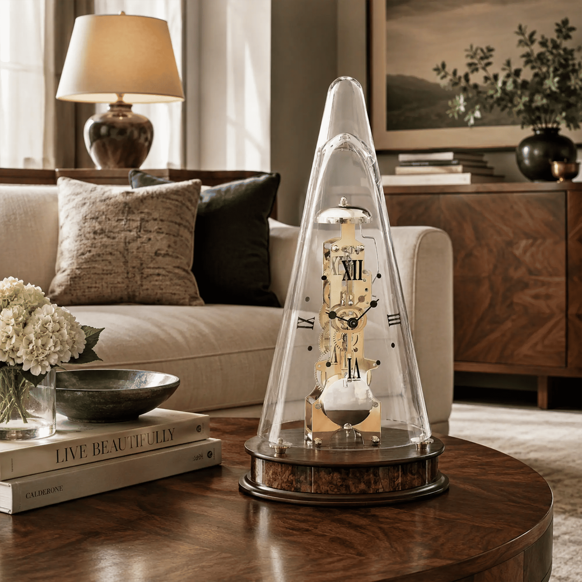 Reloj de mesa con movimiento esqueleto en campana de cristal, base de madera y números romanos sobre la mesa