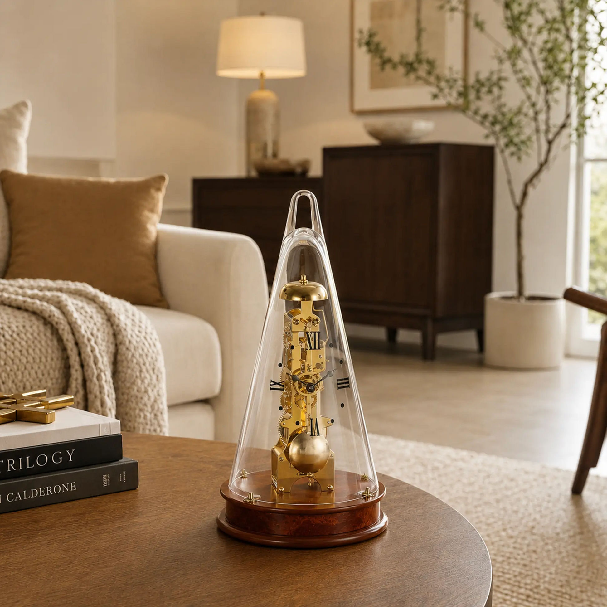 Reloj de mesa con campana de cristal y mecanismo dorado sobre mesa redonda, base de madera marrón