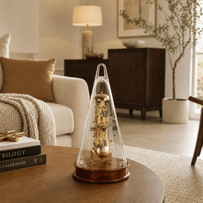 Reloj de mesa con campana de cristal y mecanismo dorado sobre mesa redonda, base de madera marrón