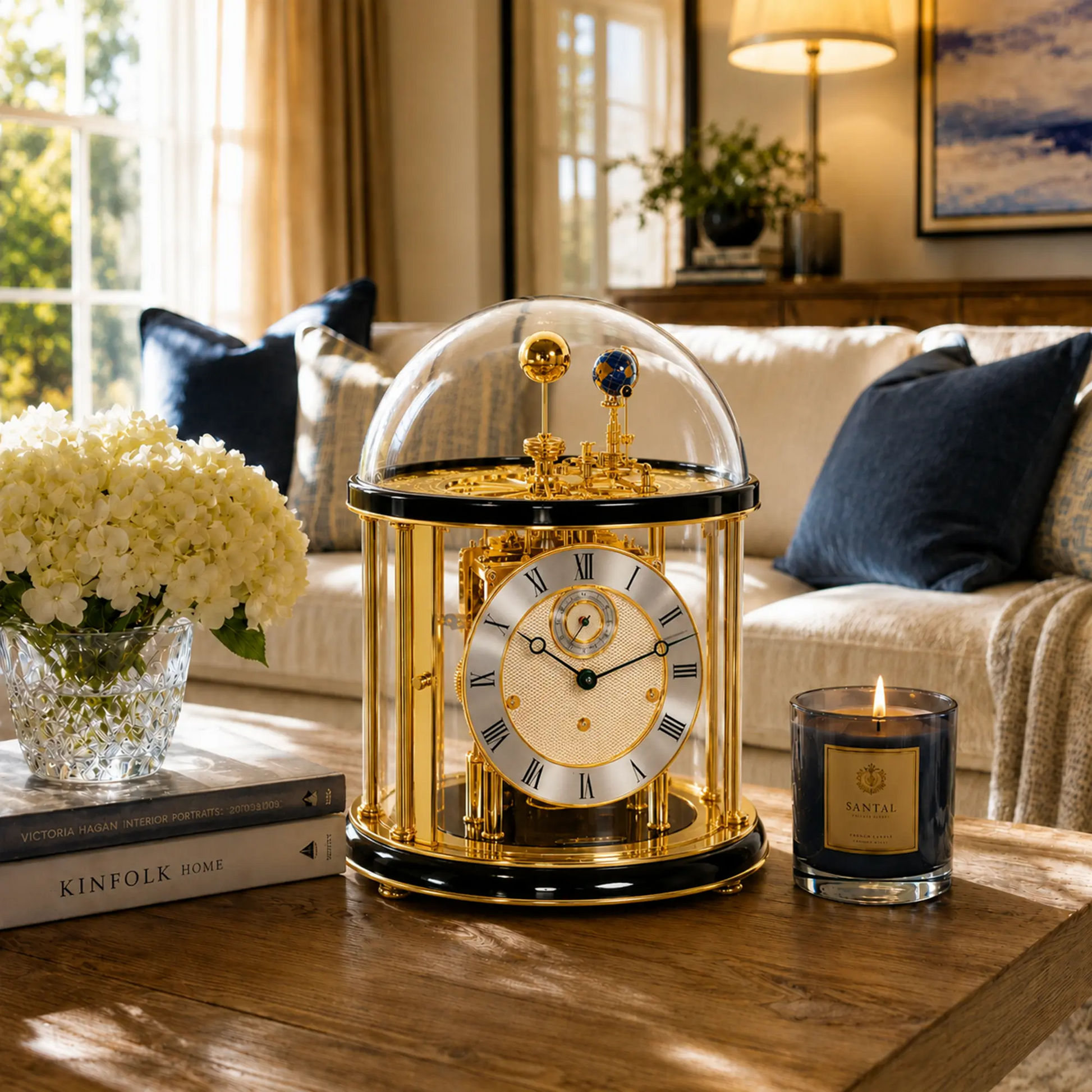 Reloj de mesa con cúpula de cristal, carcasa dorada, esfera blanca con números romanos