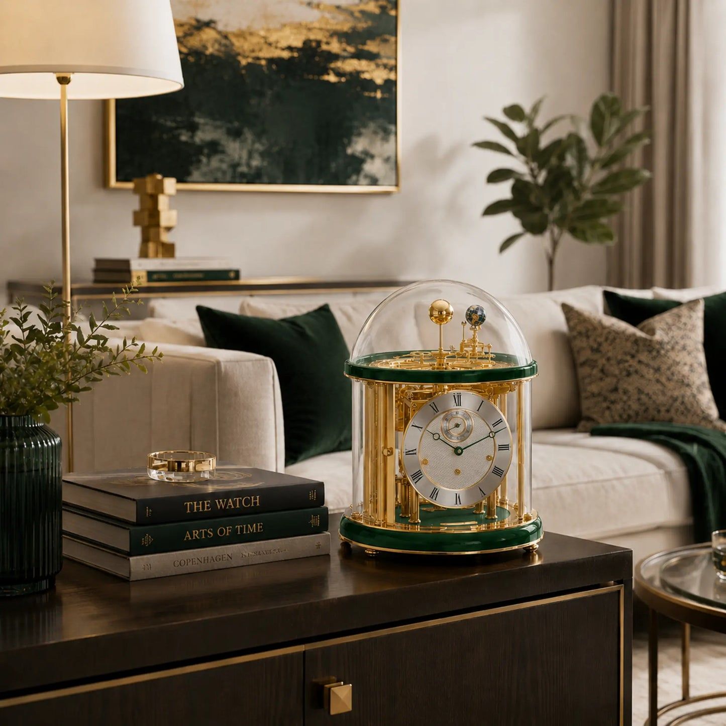 Reloj de mesa mecánico bajo campana de cristal, caja dorada con base verde y números romanos
