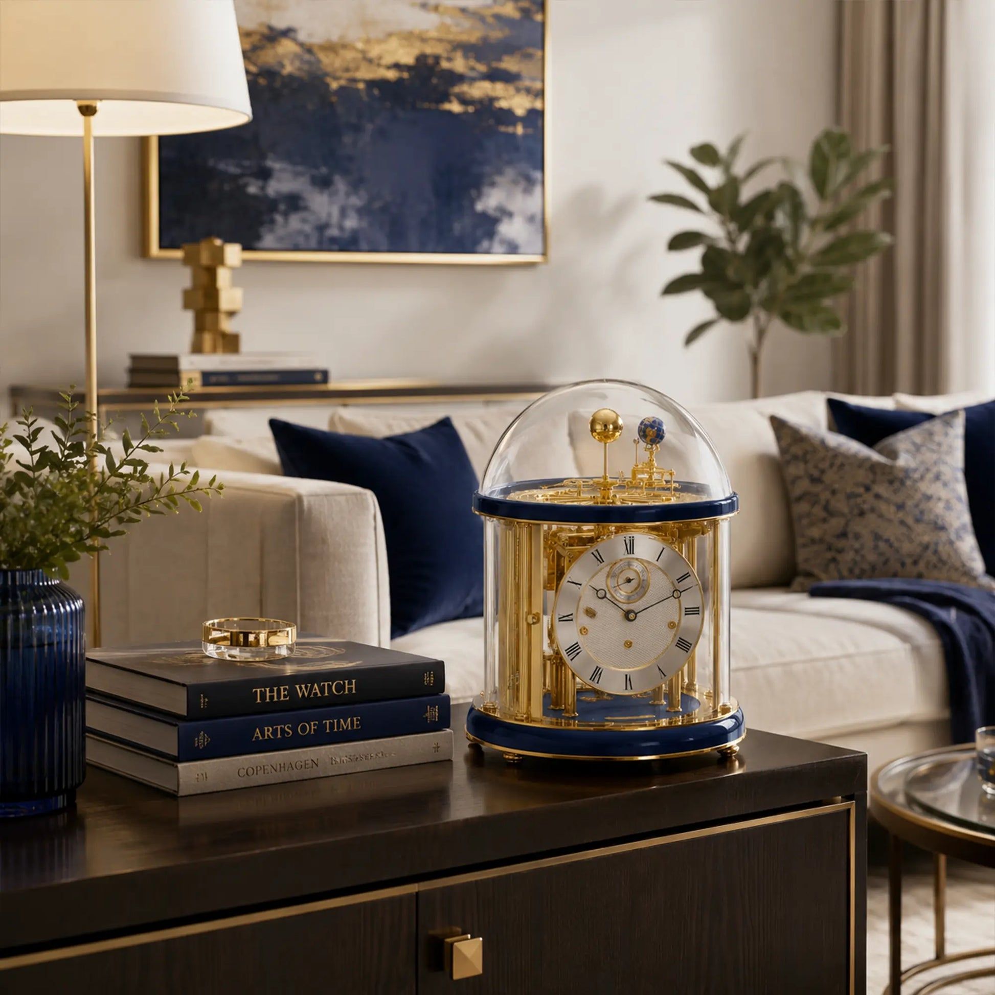 Reloj de mesa mecánico con campana de cristal y marco dorado, esfera con números romanos