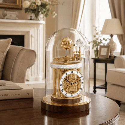 Reloj de mesa con interior dorado bajo campana de cristal, base en marrón oscuro