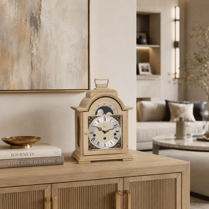 Reloj de mesa de madera clara con esfera redonda, números romanos e indicador de fases lunares