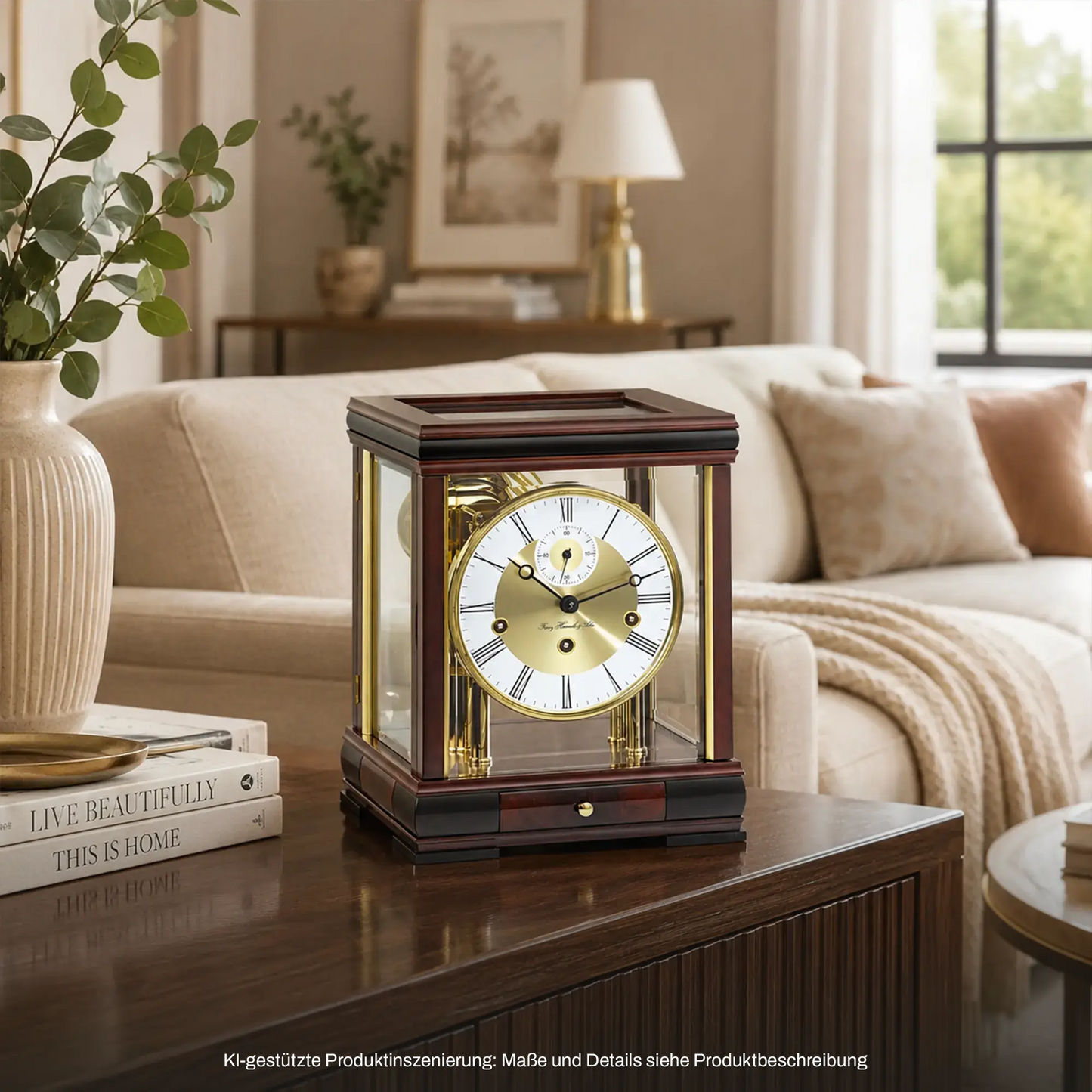 Mahagoni-Tischuhr mit Glasfront, rundem Zifferblatt und goldenen Zeitmarken