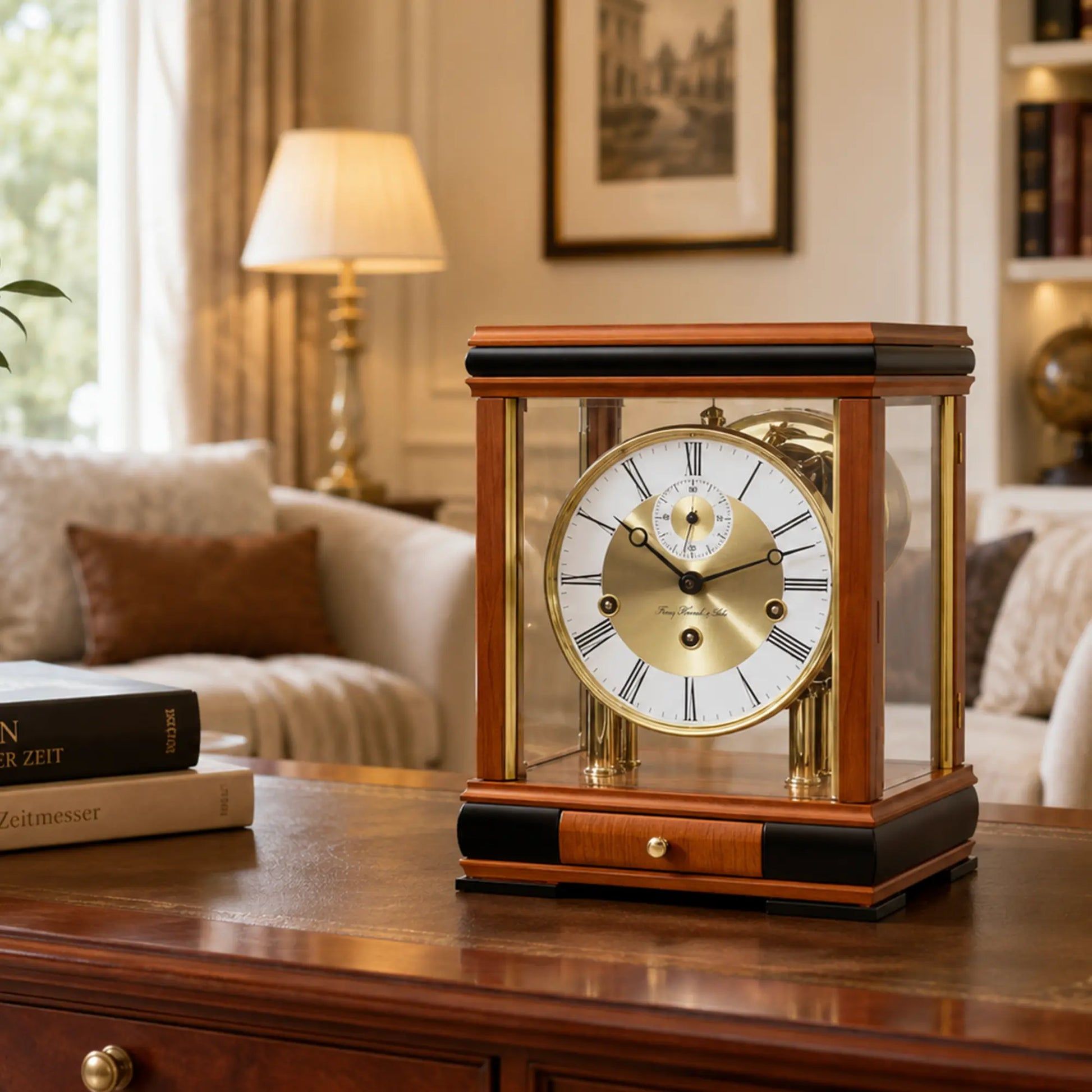 Reloj de mesa de cerezo sobre superficie de madera, frontal de cristal con engranajes visibles