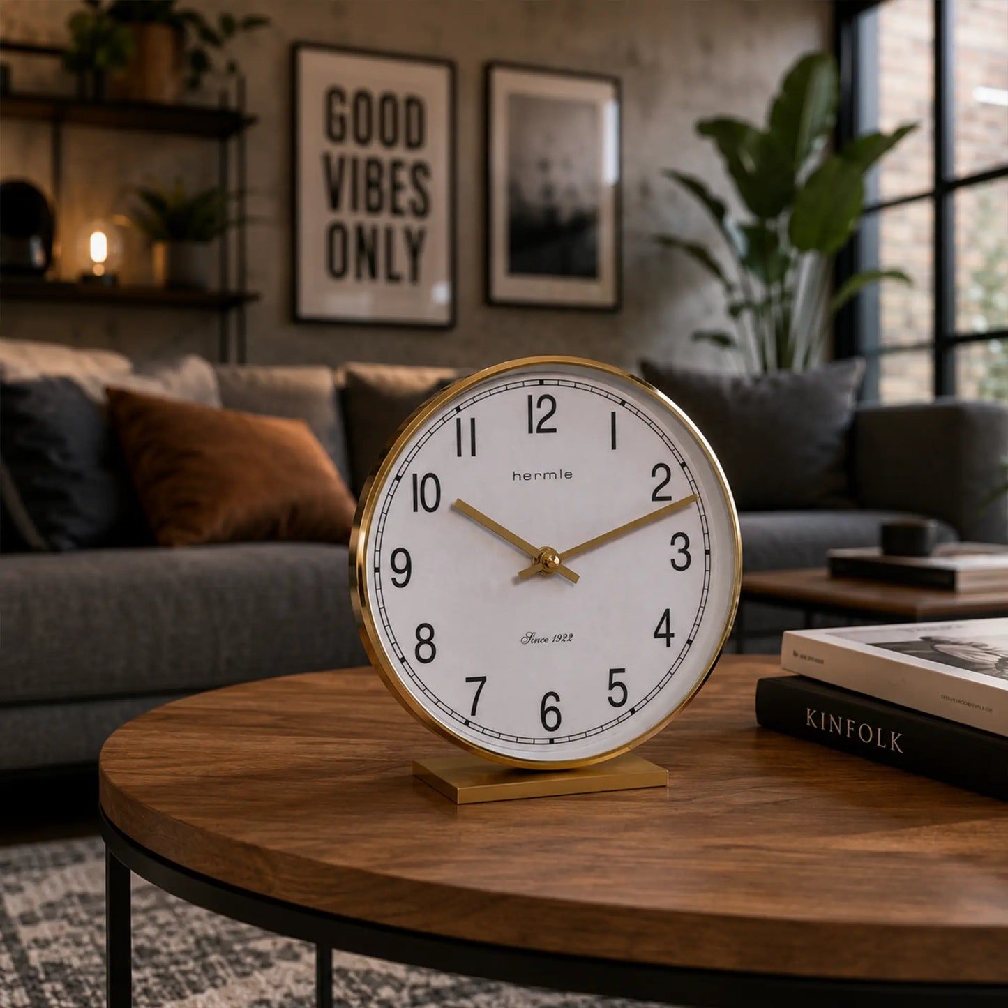 Reloj de mesa sobre mesa de madera: caja redonda de latón con esfera blanca y manecillas doradas