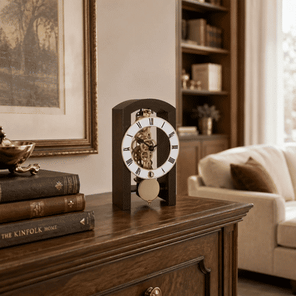 Reloj de mesa en caja de madera oscura con esfera grande, números romanos y rueda de latón