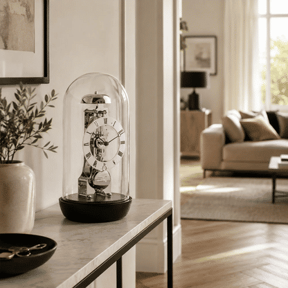 Reloj de mesa con cúpula de cristal y movimiento esqueleto visible, números romanos, base negra