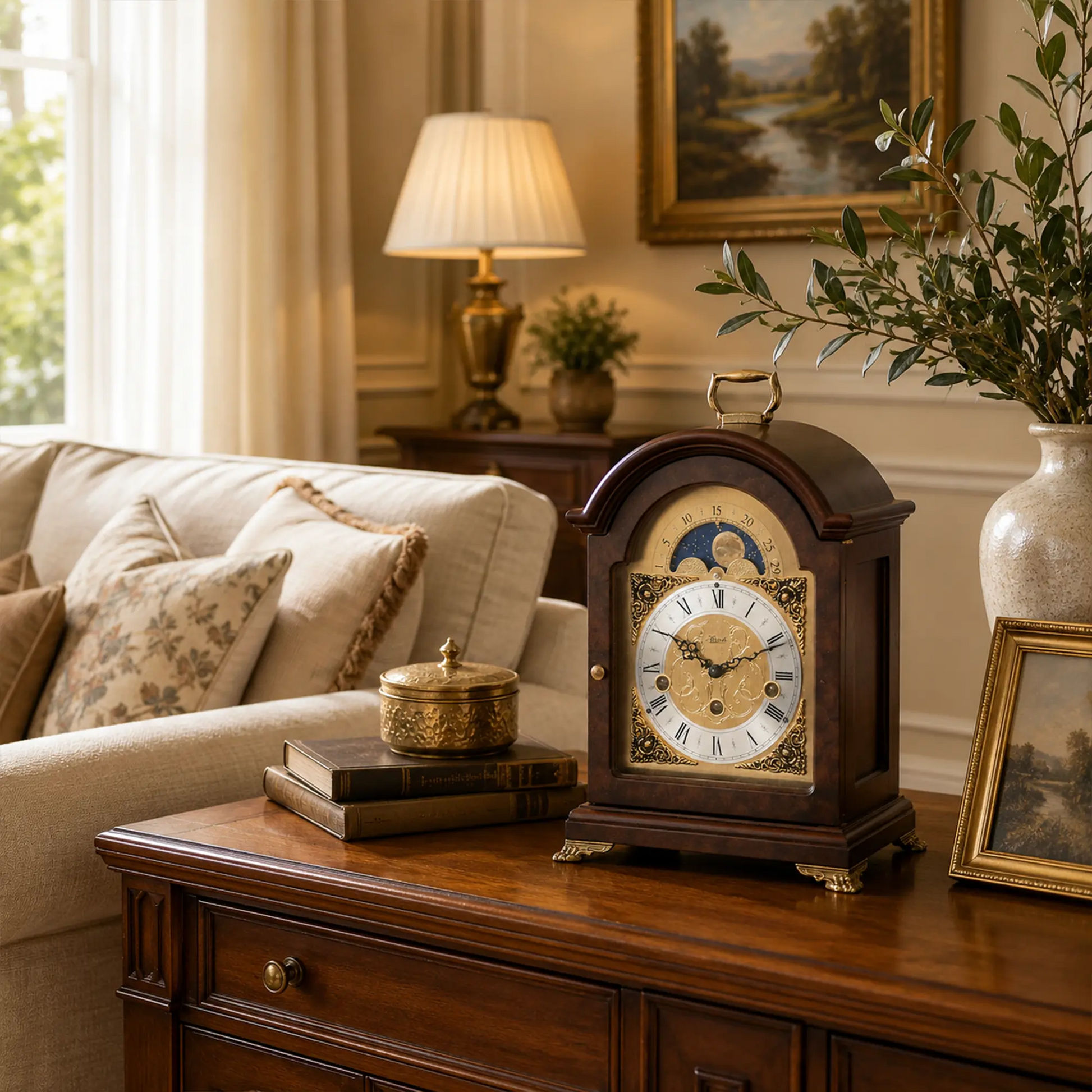 Reloj de mesa de madera con ventana de fases lunares, esfera romana y borde de latón en relieve