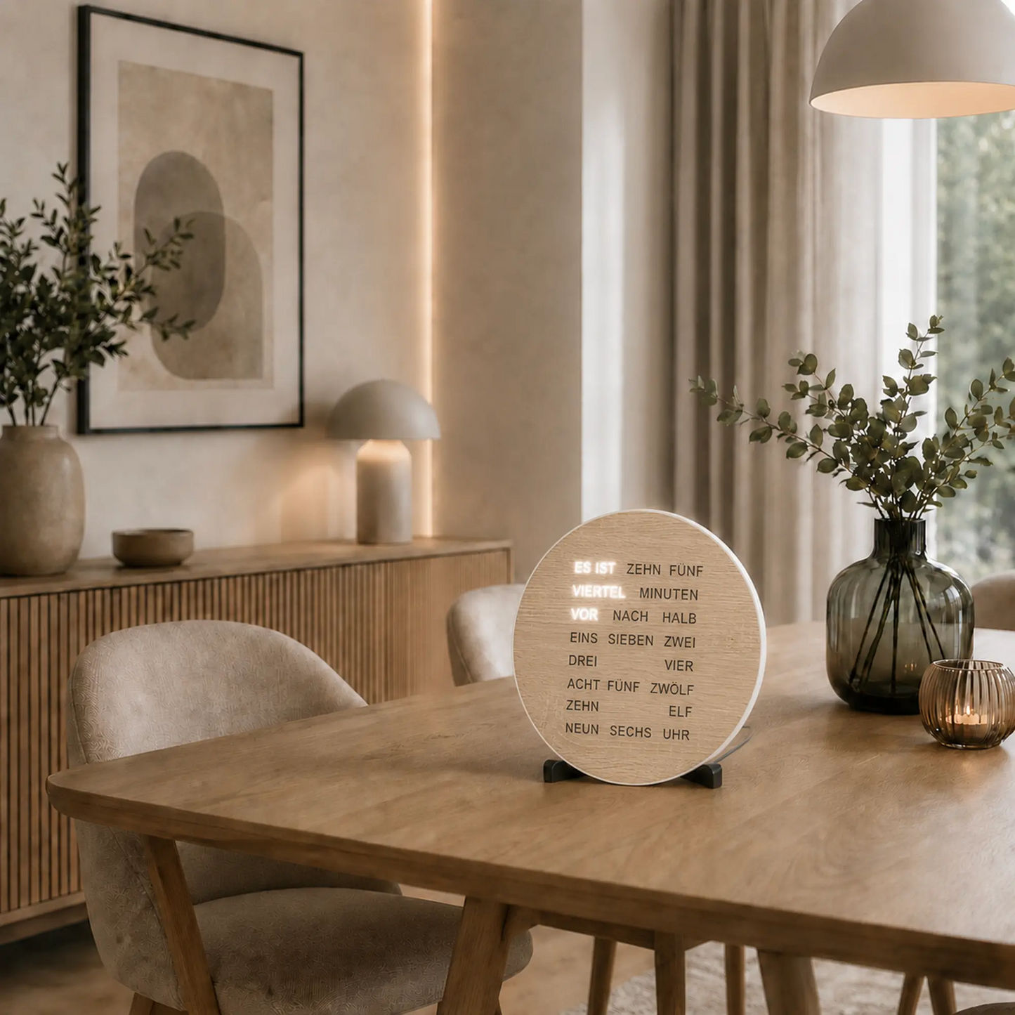 Runde LED-Wortanzeige Uhr mit Holzoptik auf schwarzem Standfuß, beleuchtete Schrift