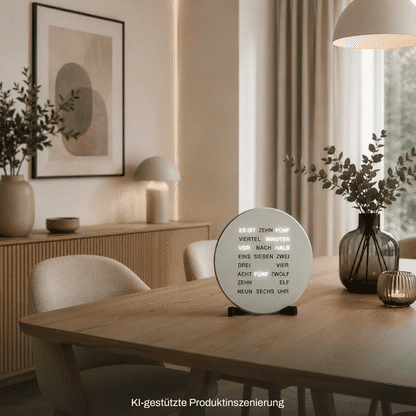 Runde Tisch- und Wanduhr mit LED-Wortanzeige, silberne Alu-Optik, rundes Display