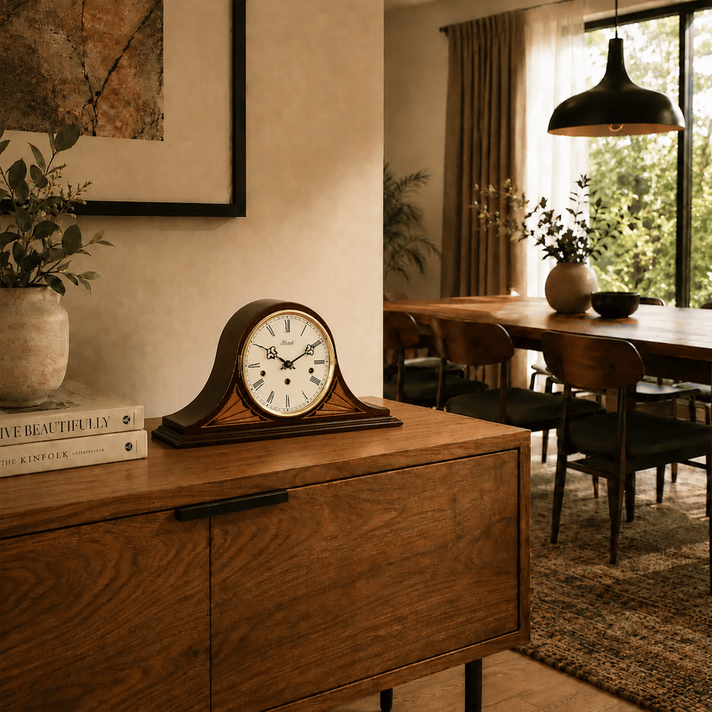 Reloj de mesa de madera en caja marrón oscuro con esfera blanca y números romanos
