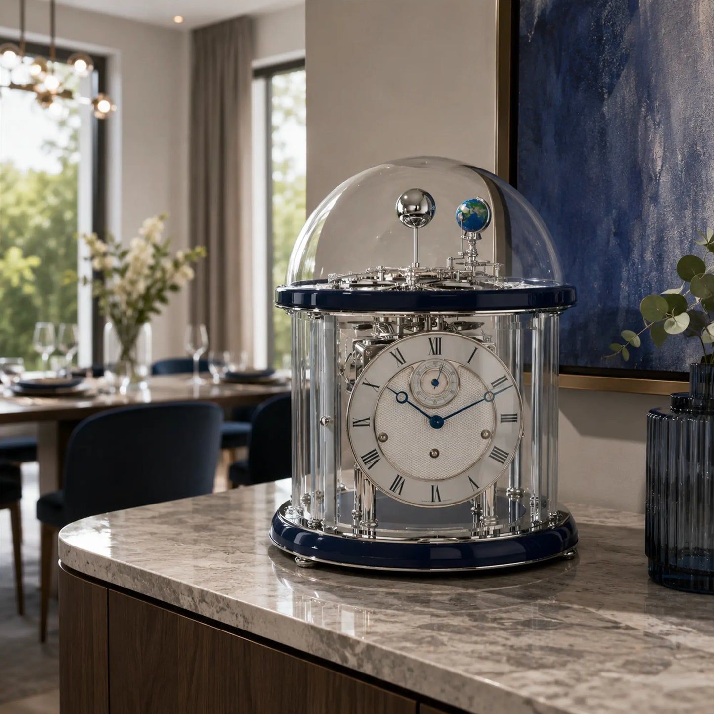 Reloj de mesa sobre repisa, campana de cristal con esfera plateada y borde azul
