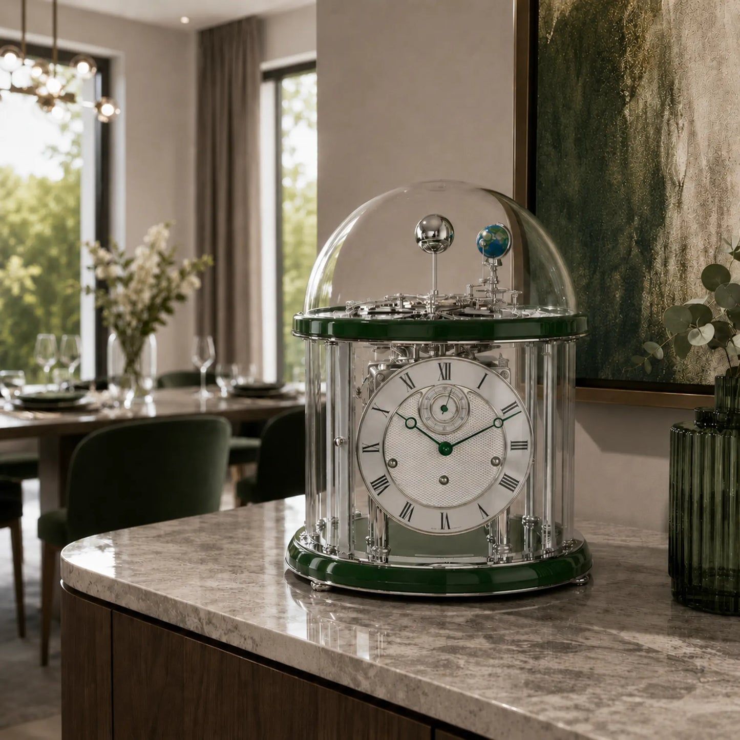 Reloj de mesa Hermle sobre aparador, caja transparente con borde verde y números romanos