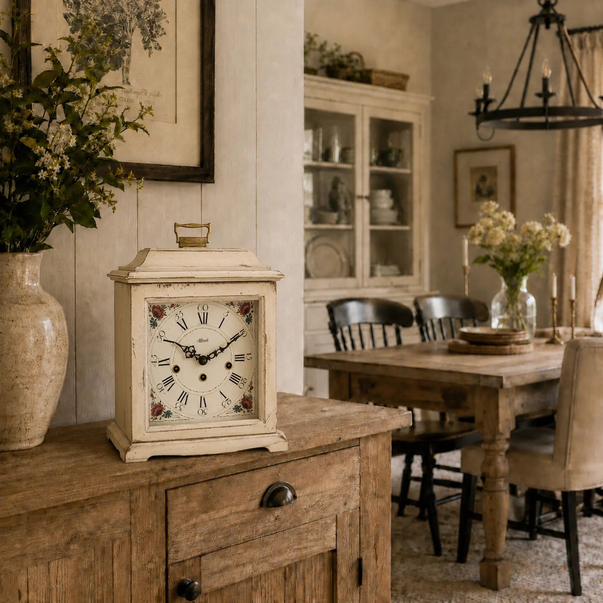 Reloj de mesa blanco sobre cómoda de madera maciza con esfera floral
